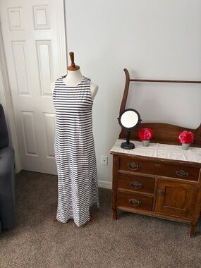 Lands' End White and Navy Striped Maxi Dress